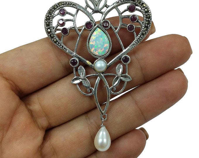 Art Nouveau Inspired Ruby, Marcasite, Gilson Opal and Pearl Brooch Pendant 925 Sterling Silver