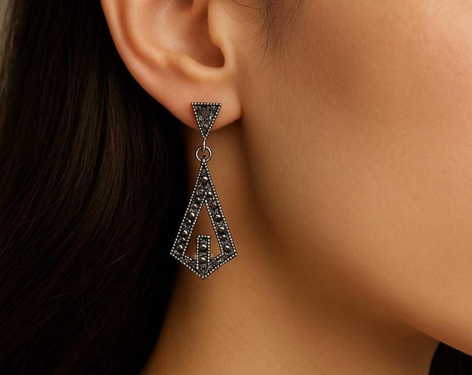 Vintage Marcasite Sterling Silver Dangle Earrings, Art Deco Style