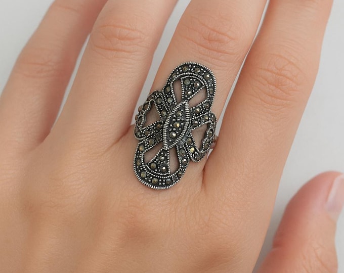 Vintage Style Sterling Silver Filigree Ring with Marcasite Accents Art Deco Statement Jewelry