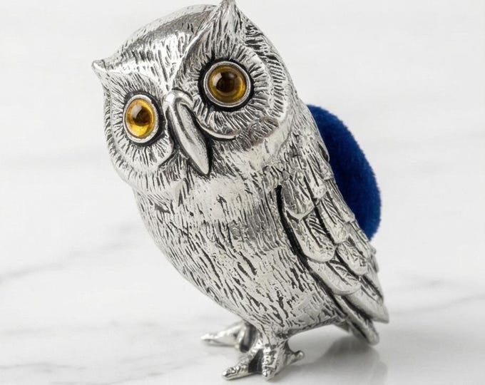 Vintage Style Silver Plated Owl Pin Cushion with Velvet Sewing Accessory, Dressmaker Gift