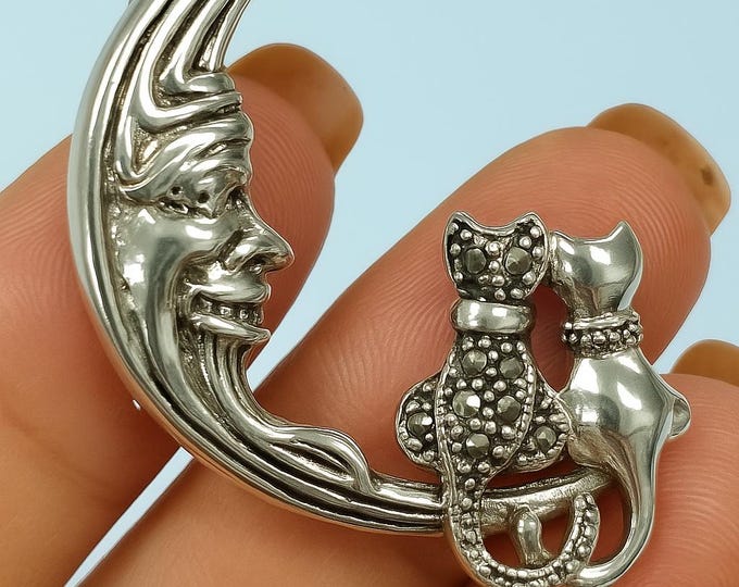 Vintage Sterling Silver Moon Face and Cats Brooch Marcasite Accents, Crescent Moon Jewelry, Cat Lover Gift