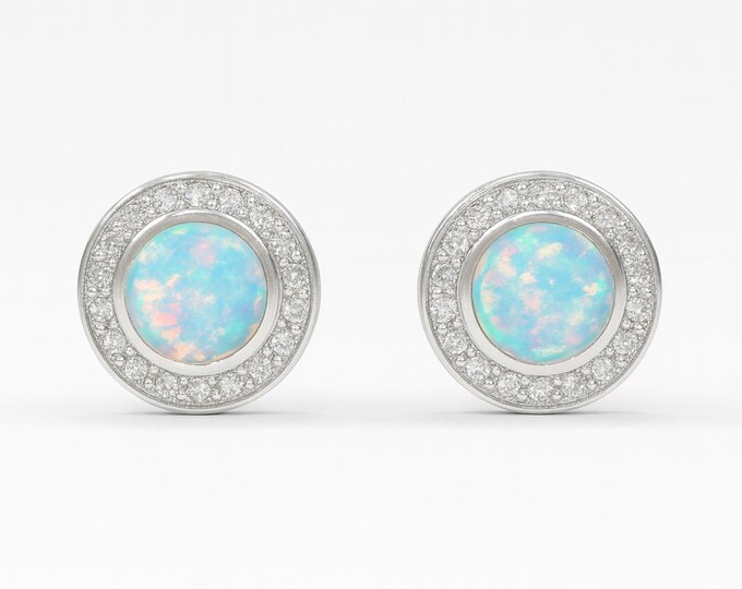 Gilson Opal and CZ Round Stud 925 Sterling Silver Earrings