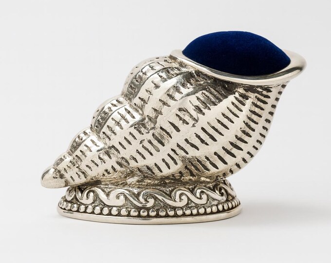 Large Vintage Style Sterling Silver Conch Shell Pin Cushion with Blue Velvet Collectible Sewing Accessory, Unique Gift for Seamstress