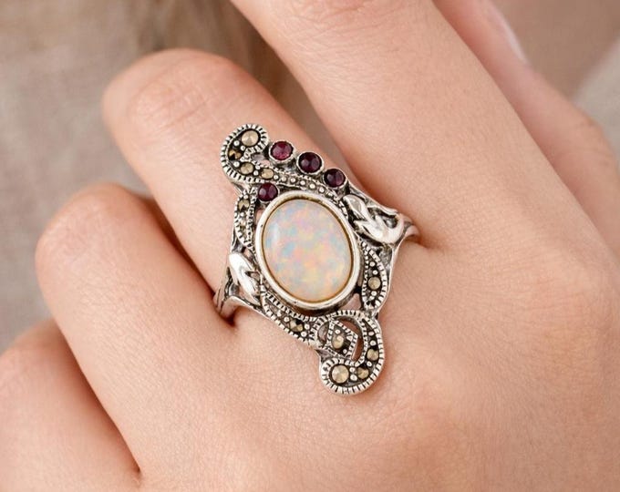 Art Deco Inspired White Gilson Opal, Ruby and Marcasite Ring 925 Sterling Silver
