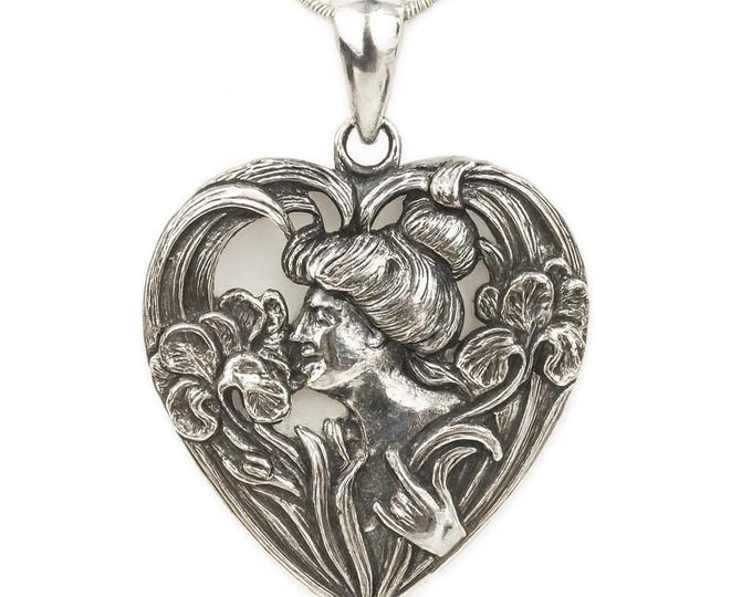 925 Sterling Silver Art Nouveau Lady Mother of Pearl Back Pendant Necklace Gift for Her