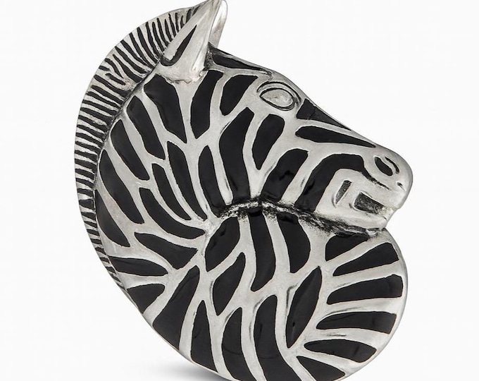 925 Sterling Silver Horse Head Brooch Pendant Black Enamel Stripes, Animal Jewelry