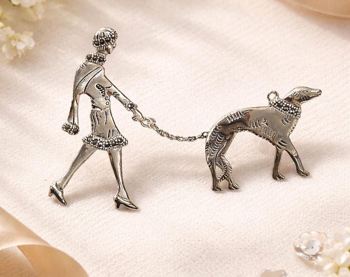 Art Deco Inspired Lady Walking Dog Brooch 925 Sterling Silver