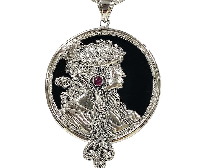 Art Nouveau Lady Onyx Pendant Ruby Gemstone 925 Sterling Silver