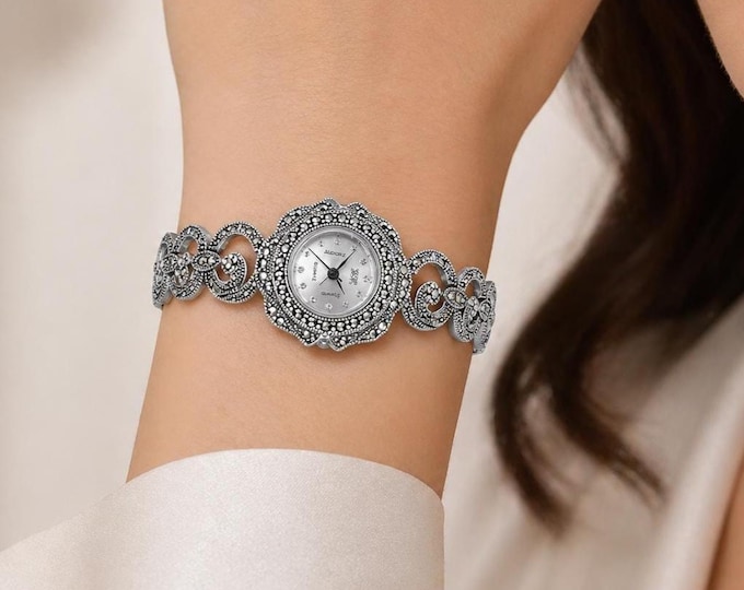 Vintage Marcasite Sterling Silver Bracelet Watch, Elegant Women’s Dress Watch
