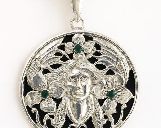 Art Nouveau Lady Natural Emerald Floral Pendant 925 Sterling Silver Hallmarked