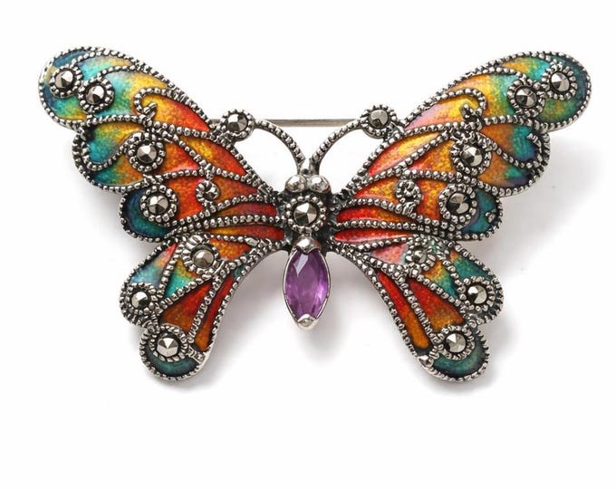 Plique-à-Jour Enamel 925 Sterling Silver Emerald and Marcasite Butterfly Brooch