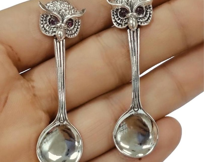 Antique and Vintage Style Owl Pair of Salt Spoons Ruby Eyes 925 Sterling Silver Collectible Spoons, Miniature Spoons
