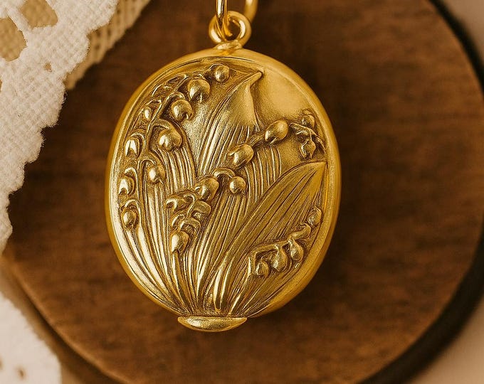 Art Nouveau Inspired Lily Of The Valley Floral Locket Pendant 18ct Gold Plate Antique Lover Gift