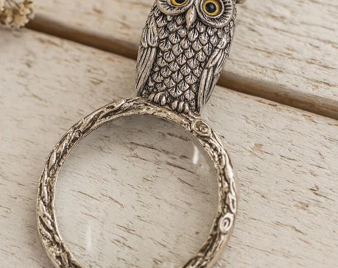 Antique Inspired Collectable Owl Magnifying Glass Pendant 925 Sterling Silver