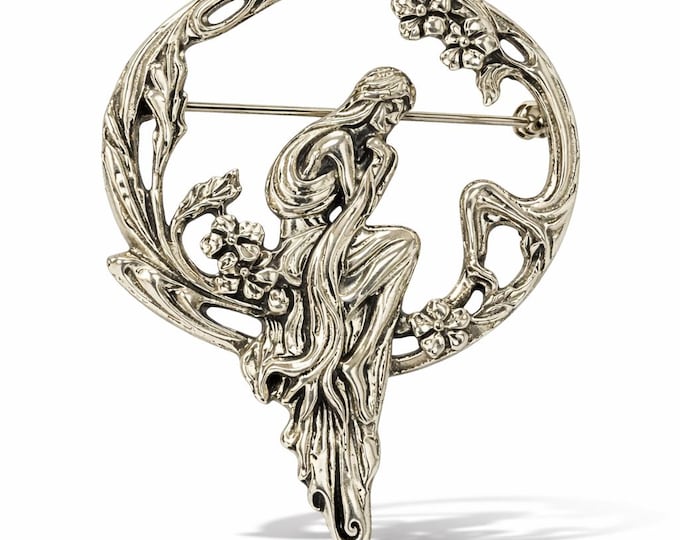 Art Nouveau Inspired Sitting Lady Floral Brooch 925 Sterling Silver