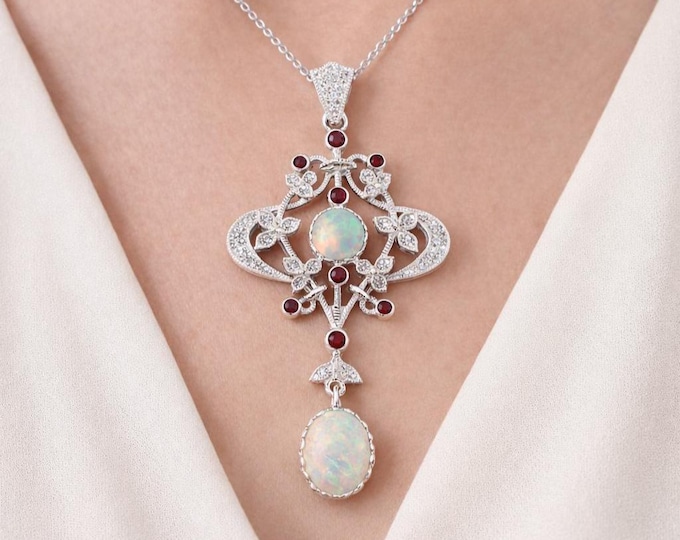 Antique Style Gilson Opal, Ruby and CZ Pendant 925 Sterling Silver
