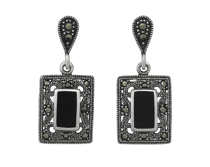 Art Deco Onyx and Turquoise Marcasite Drop Earrings 925 Sterling Silver Vintage Style Rectangular Dangle Jewelry