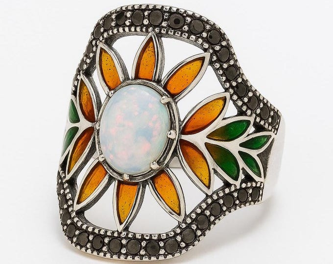 Gilson Opal Plique à Jour Ring 925 Sterling Silver Marcasite Ring Vintage Style Enamel Flower Jewelry