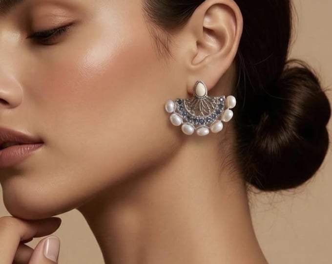 Art Deco Inspired Natural Opal, Sapphire and Pearl Earrings 925 Sterling Silver