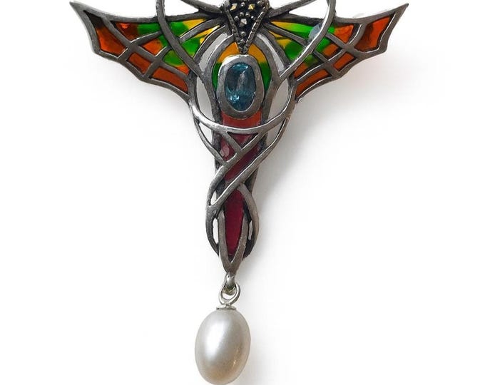 Art Nouveau Plique à Jour Enamel Brooch with Blue Gemstone and Pearl Drop 925 Sterling Silver Vintage Style Jewelry
