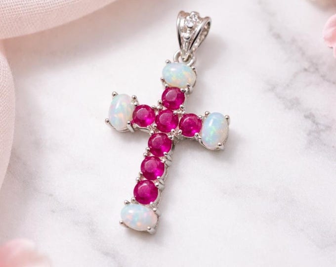 Gilson Opal with Ruby and Emerald Cross Pendant 925 Sterling Silver