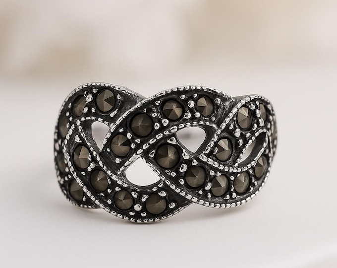 Vintage Marcasite Silver Ring, Sterling Silver Knot Design Band, Art Deco Style Statement Ring, Antique Inspired Jewelry Gift for Her