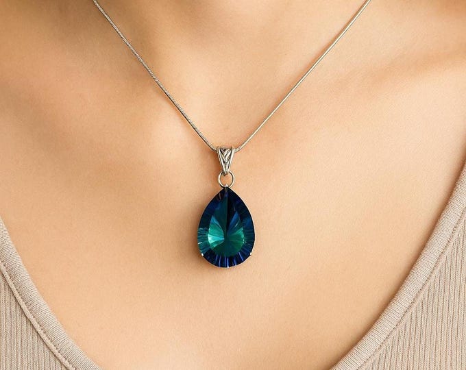 Mystic Topaz Teardrop Pendant Necklace 925 Sterling Silver Bail, Blue Green Gemstone Jewelry, Gift for Her