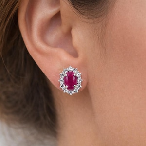 Oval Genuine Ruby Stud Earrings, CZ Halo, 925 Sterling Silver