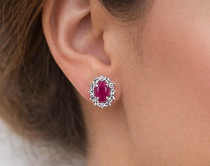 Oval Genuine Ruby Stud Earrings, CZ Halo, 925 Sterling Silver