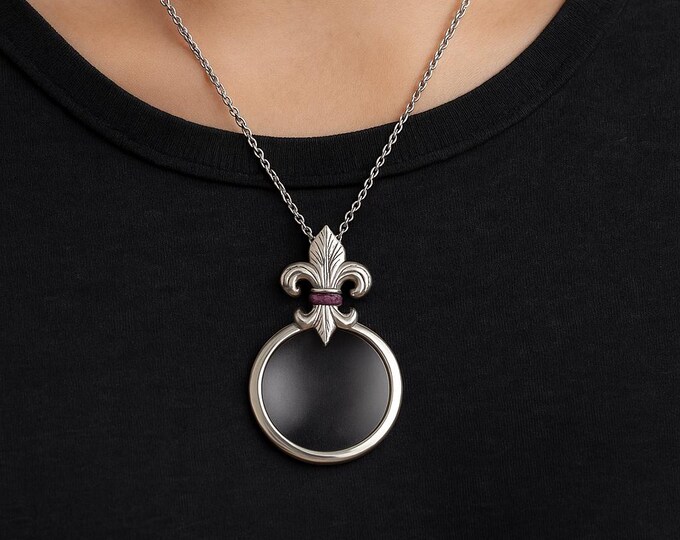 Sterling Silver Fleur-de-Lis Magnifying Glass Pendant with Ruby Accents Vintage Style Pendant for Women