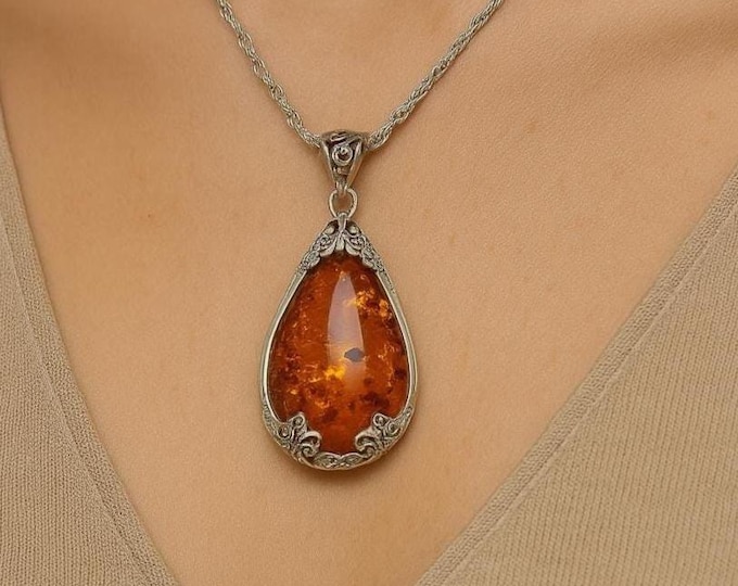 Art Nouveau Inspired Honey Amber Butterfly Pendant 925 Sterling Silver