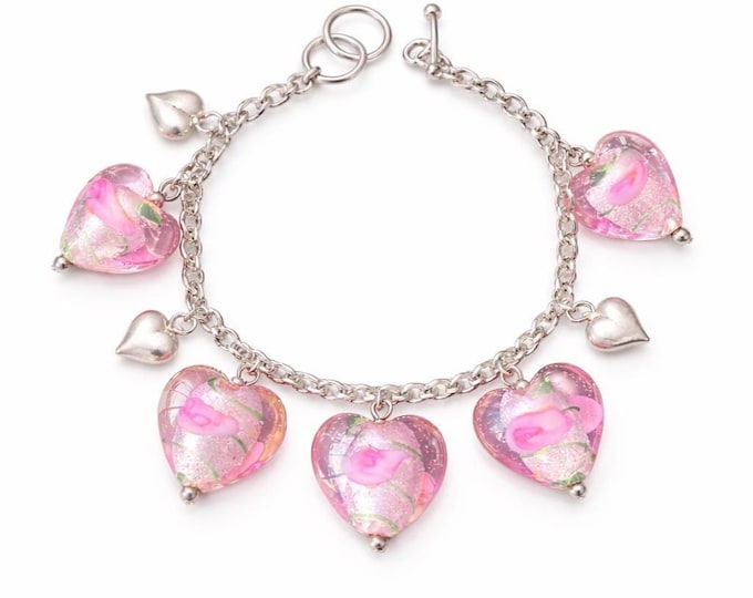 925 Sterling Silver Chain Bracelet with Pink Floral Glass Hearts