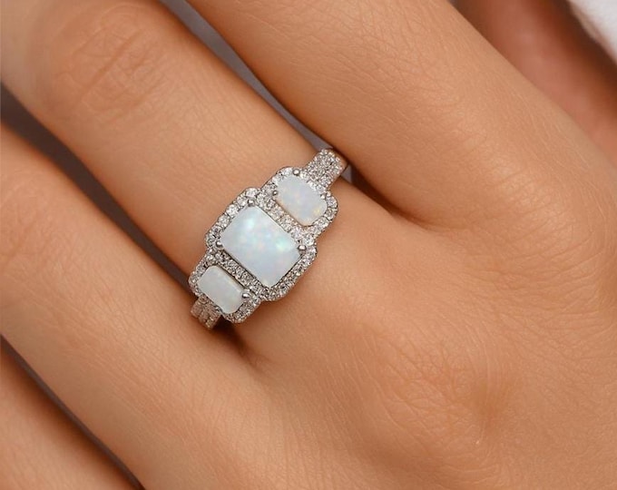 Gilson Opal and CZ Diamond Ring 925 Sterling Silver