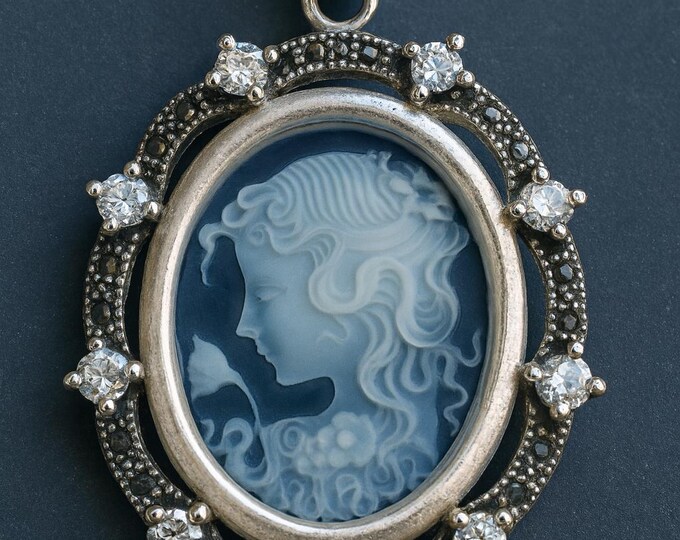 Vintage Style Silver Plated Cameo Pendant Necklace Oval Lady Profile with Marcasite and CZ Accents Victorian Inspired Statement Jewelry