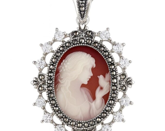 Vintage Style Silver Plated Cameo Pendant Necklace Oval Lady Profile with Marcasite and CZ Accents Victorian Inspired Statement Jewelry