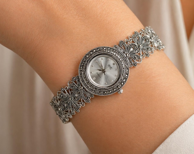 Vintage Marcasite Sterling Silver Bracelet Watch, Elegant Women’s Dress Watch