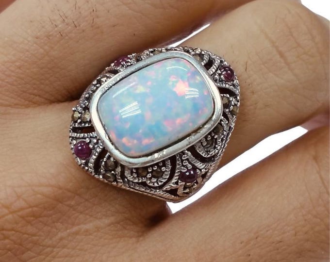 Art Deco Inspired White Gilson Opal, Ruby and Marcasite Ring 925 Sterling Silver