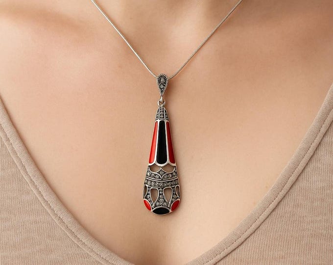 Art Deco Sterling Silver Pendant with Coral, Onyx and Marcasite Vintage Style Teardrop Pendant
