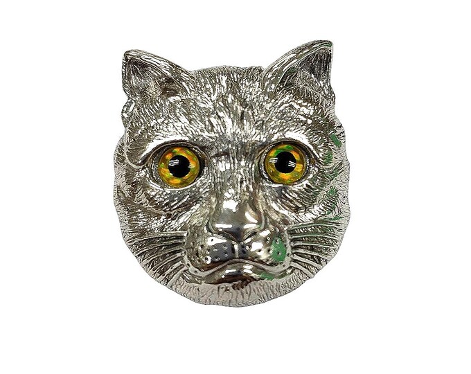Antique Style Cat Glass Eye Pendant Brooch 925 Sterling Silver