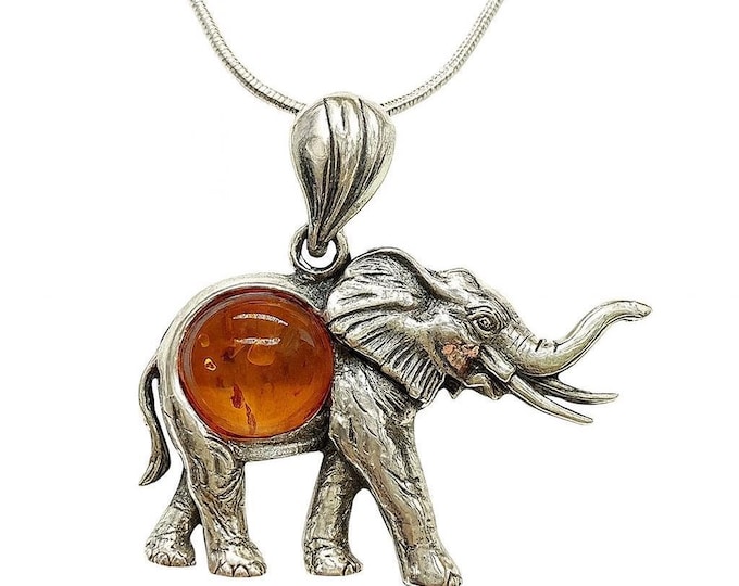 Sterling Silver Elephant Pendant with Honey Amber Gemstone Lucky Elephant Necklace Amber Jewelry Gift for Women