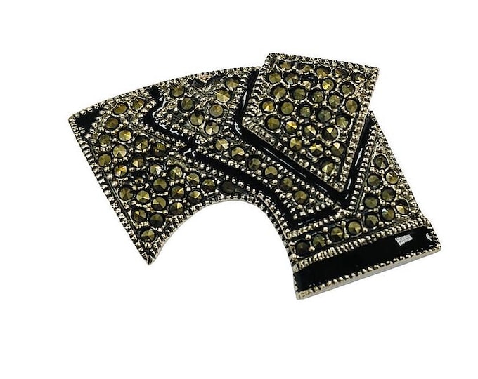 Art Deco Inspired Onyx Marcasite Brooch 925 Sterling Silver