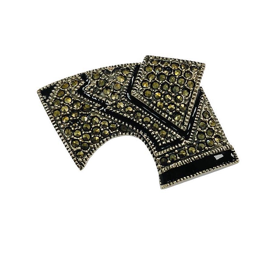 アールデコ調オニキスマーカサイトブローチ 925スターリングシルバー