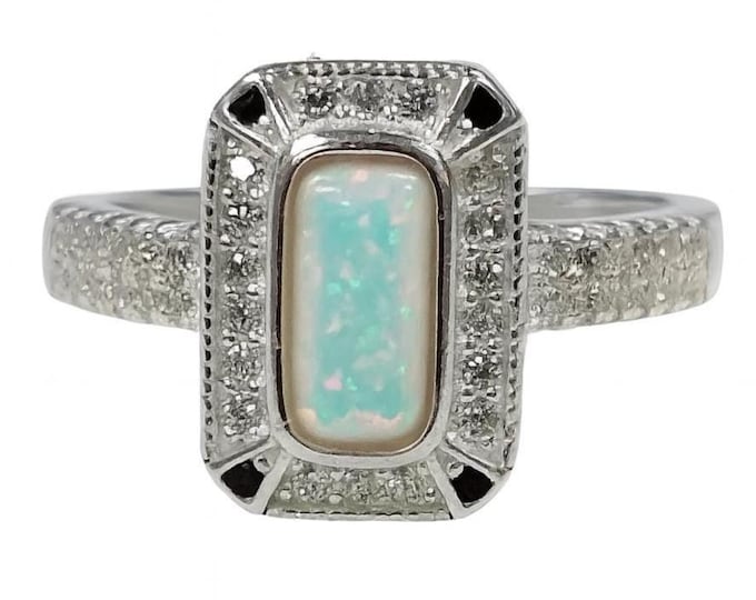 Gilson Opal and CZ Diamond Ring 925 Sterling Silver