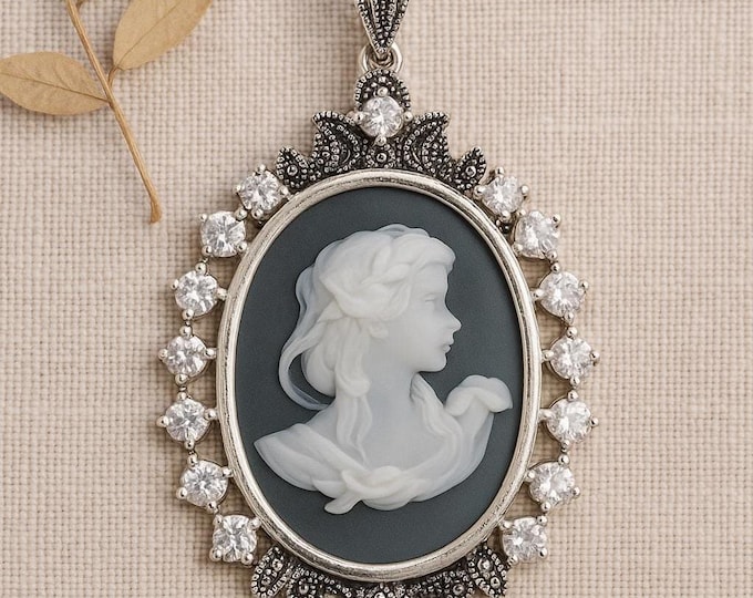 Vintage Style Silver Plated Cameo Pendant Necklace Oval Lady Profile with Marcasite and CZ Accents Victorian Inspired Statement Jewelry