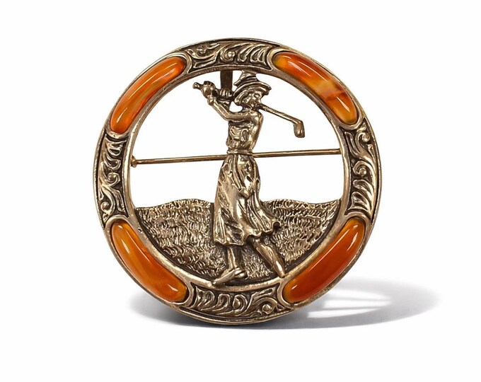 Antique Inspired Golfer Woman Brooch Pendant 925 Sterling Silver