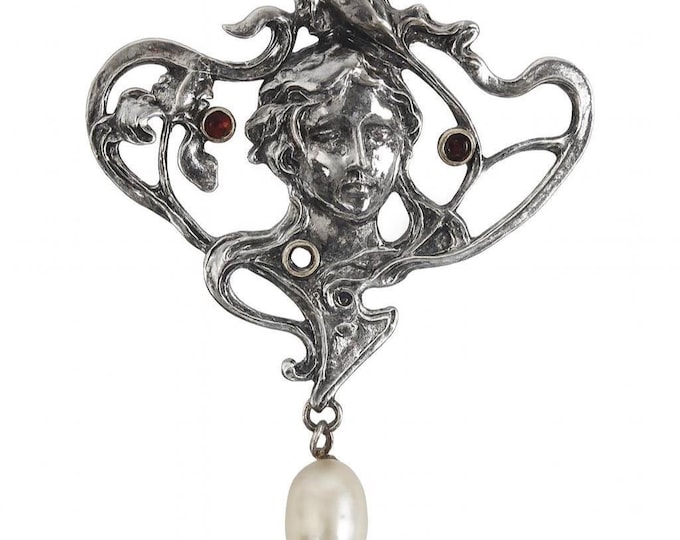 Art Nouveau Lady Face Brooch with Pearl Drop 925 Sterling Silver Antique Style Jewelry, Vintage Inspired Statement Pin