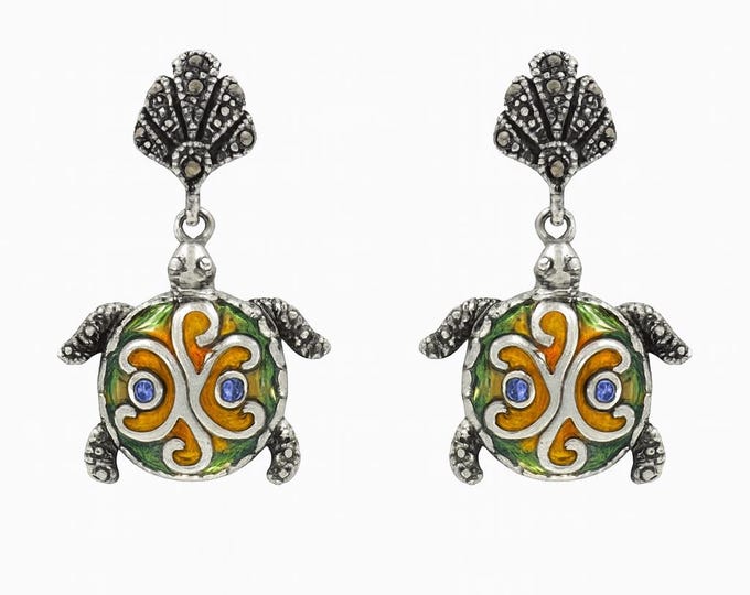 Sterling Silver Turtle Drop Earrings with Colorful Enamel, Sapphire and Marcasite Boho Sea Turtle Jewelry, Statement Dangle Earrings