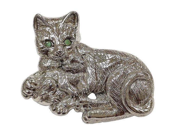 Antique Style Cat Kitten Emerald Eyes Brooch 925 Sterling Silver
