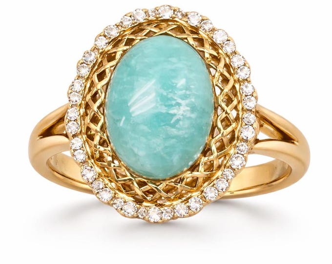 Vintage Inspired Genuine Blue Chalcedony Ring, Gold Plated 925 Sterling Silver, CZ Halo Statement Ring
