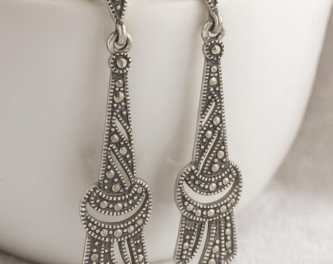 Art Deco Marcasite Drop Earrings 925 Sterling Silver Vintage Style Dangle Earrings Antique Inspired Statement Jewelry Gift